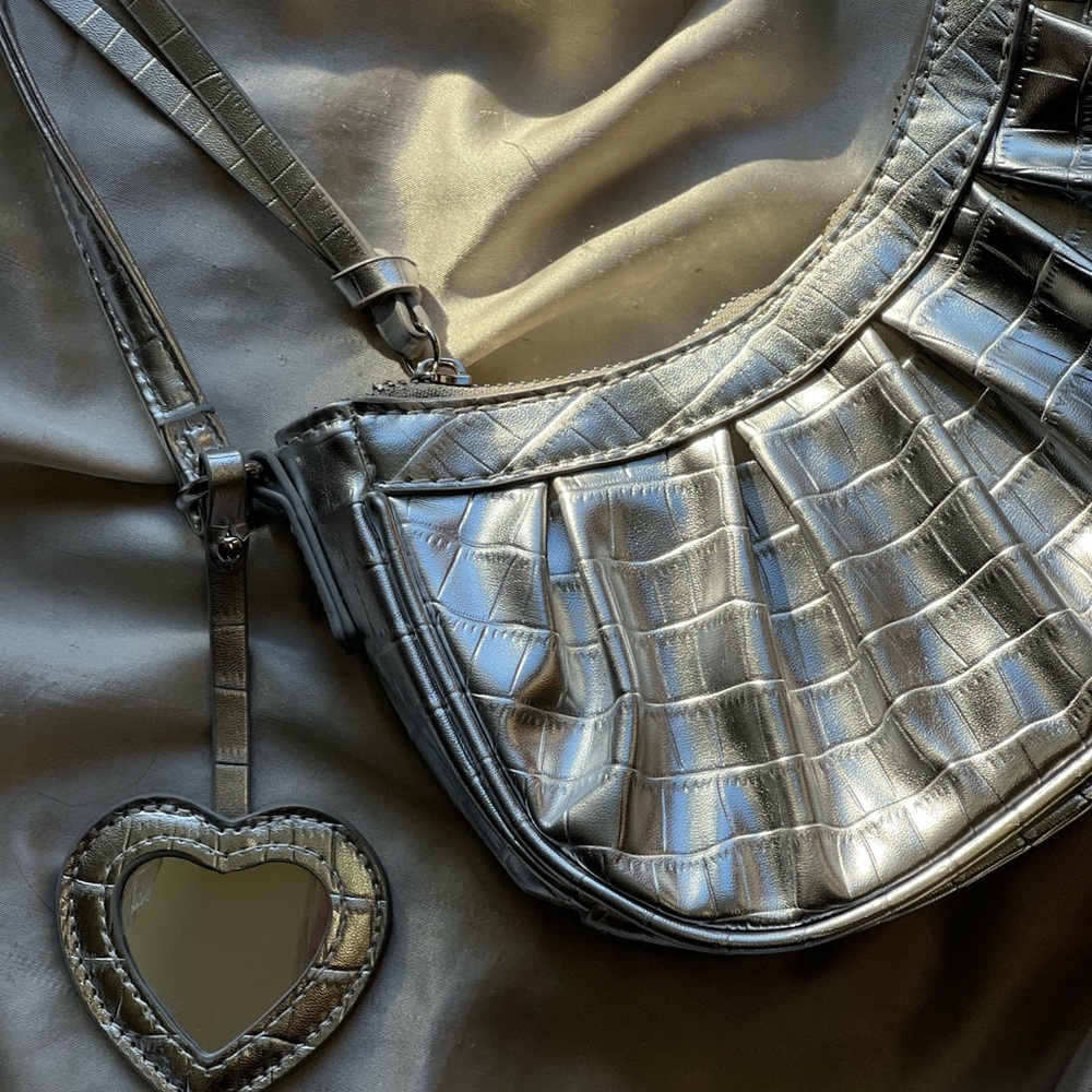 Silver Crocodile-Embossed Shoulder Bag